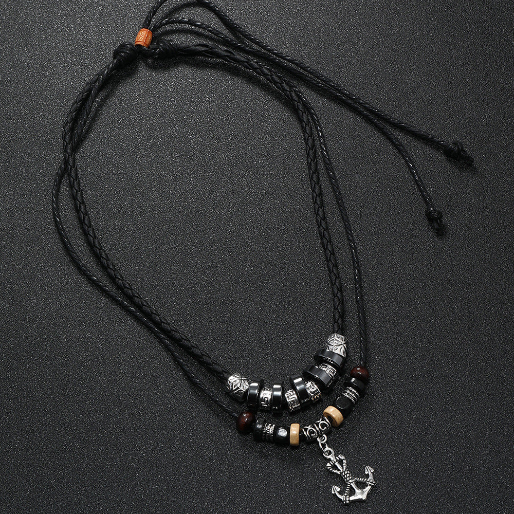 Wholesale Stylish Multilayer Beaded Leather Necklace With Anchor Pendant Retro Ethnic Men S Fashion Accessory
