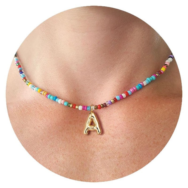 Wholesale Bohemian Colorful 26 Letter Alphabet Bead Necklace Gold Plated Mixed Material Dopamine Fashion Jewelry Accessory For Gift Resale