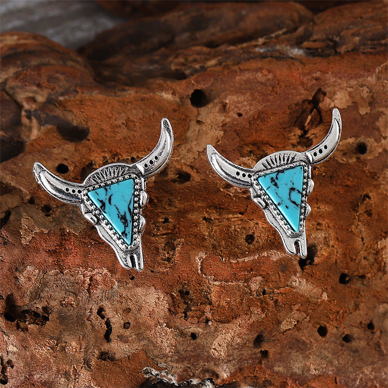 Wholesale Western Denim Style Bull Head Triangle Turquoise Earrings Earrings Necklace suit