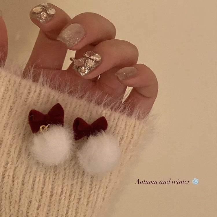 Wholesale Red Bow Plush Fluffy Ball Pendant Earrings