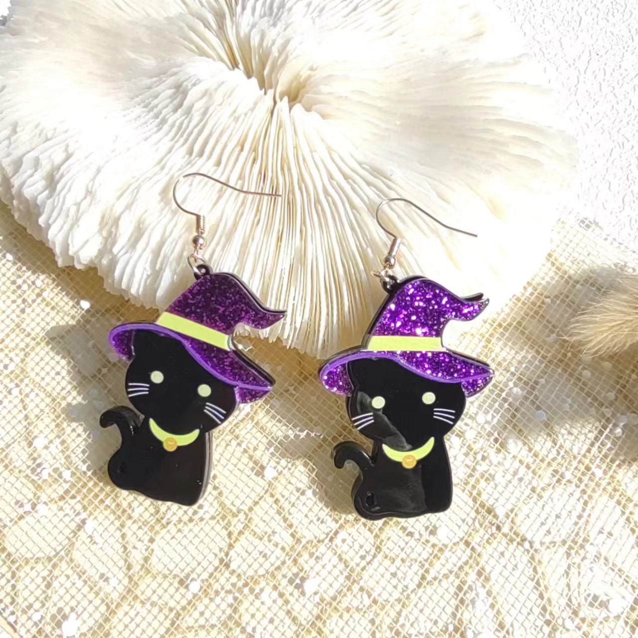 Wholesale  Black Cat Witch Hat Acrylic Earrings - Trendy Party Wear Fashion Accessory for Women Gift Boutique Resale