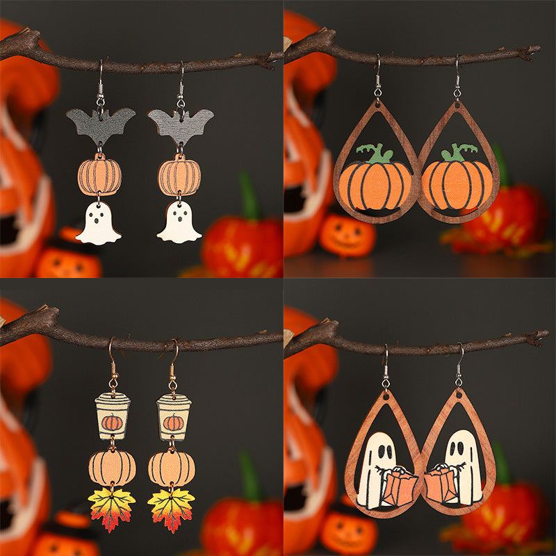 Wholesale Wooden  Earrings Funny Pumpkin Maple Leaf Ghost Design Party Wear Fashion Accessory