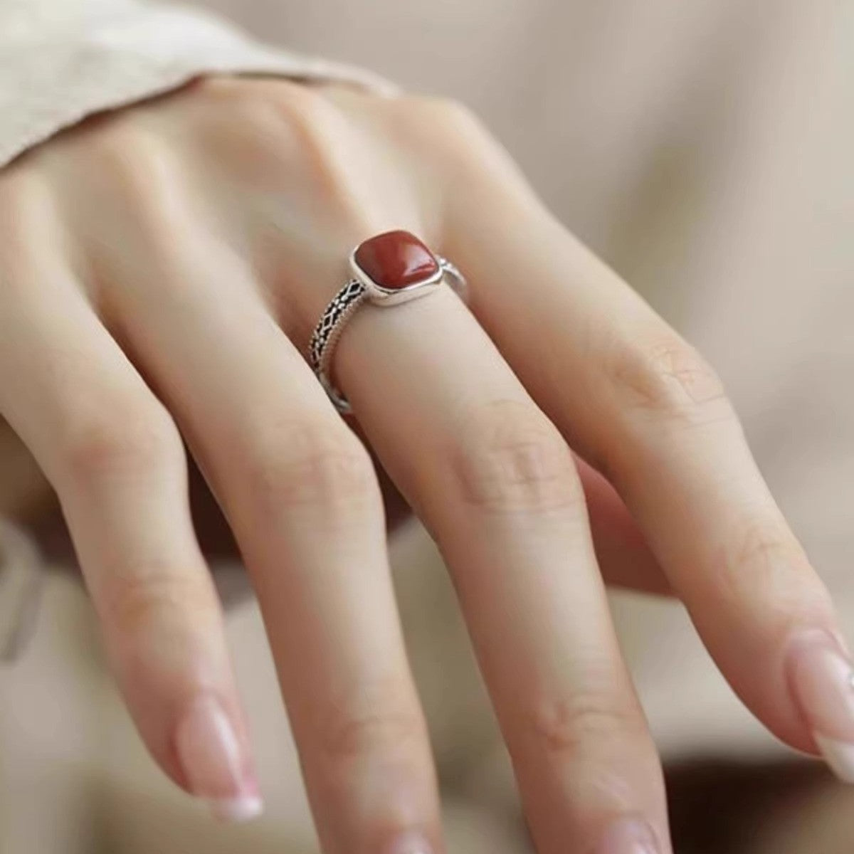 Wholesale 925 Sterling Silver Southern Red Agate Small Square Sugar Ring