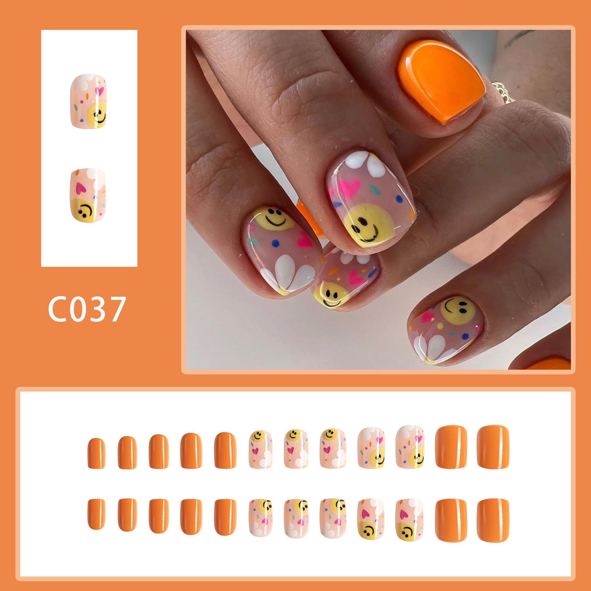 Wholesale 24 Pieces/box Smiley Flowers Orange Love Manicure Press-on Nails Kits Nail Stickers ACC-NS-GuaiXL047