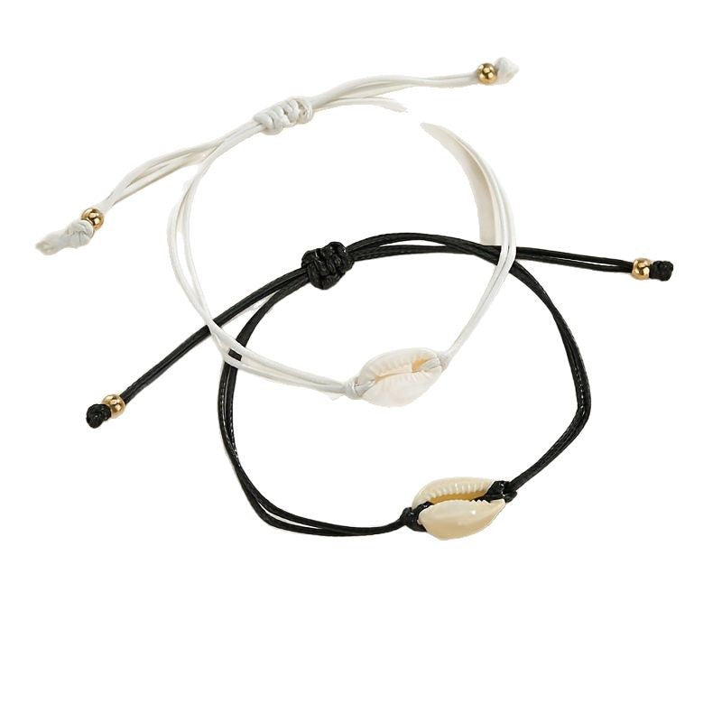 Wholesale  ocean style shell white black braided rope adjustable card ladies bracelet