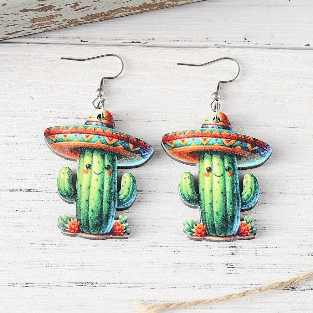 Wholesale Mexico Fifth Festival of the Dead Straw Hat Funny Cactus Pendant Earrings