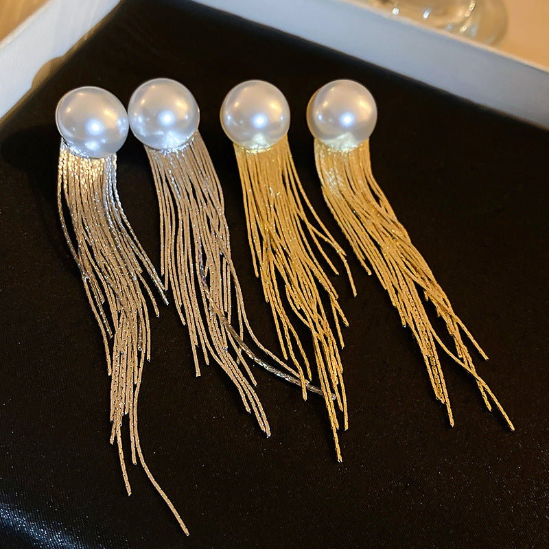 Wholesale  Pearl Metal Tassel Silver Pin Earrings