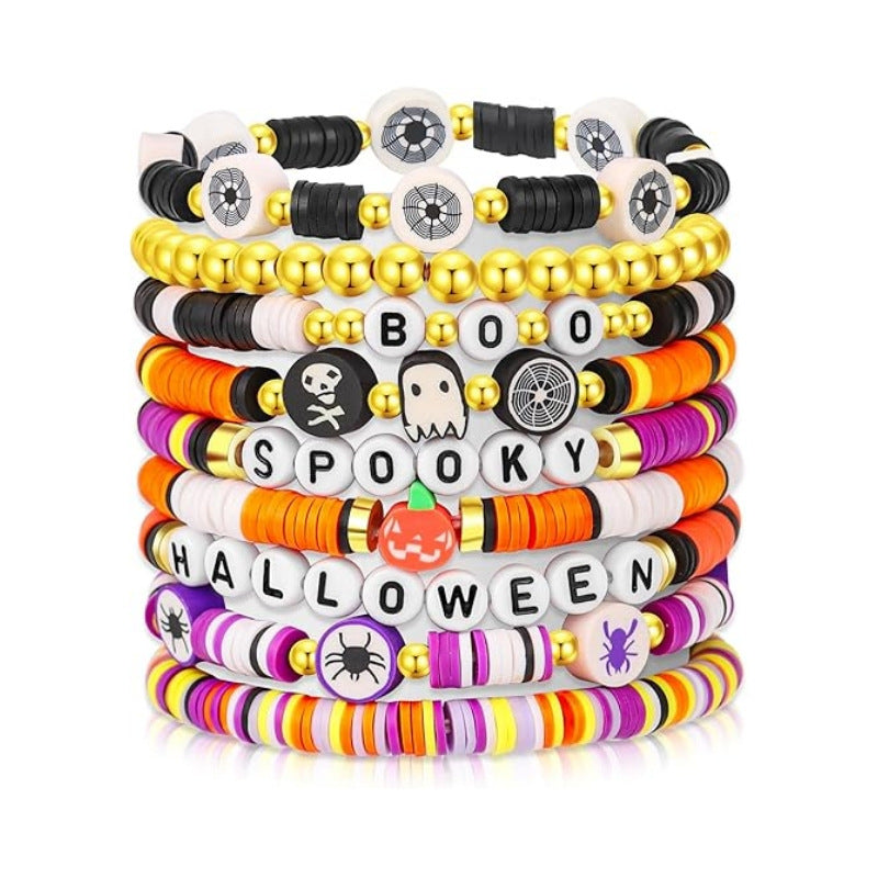 Wholesale Stylish Polymer Clay Beaded Bracelet Set,   White Ghost Theme,  7-Piece Jewelry Accessory for Boutique Resale