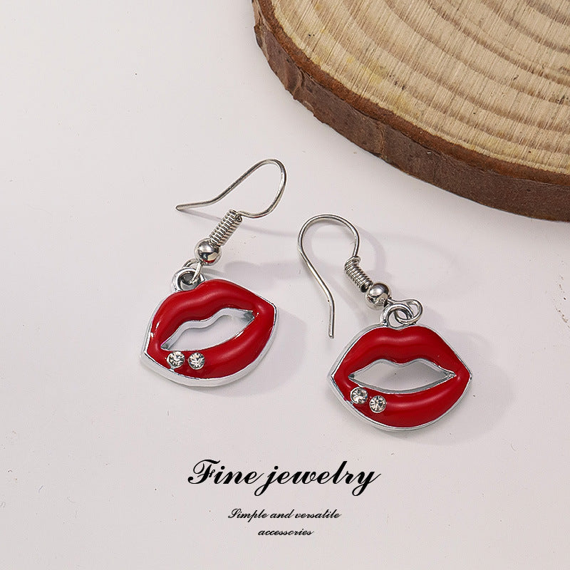 Wholesale Valentine's Day Diamond Red Oil Drop Lip Ear Hook Earrings