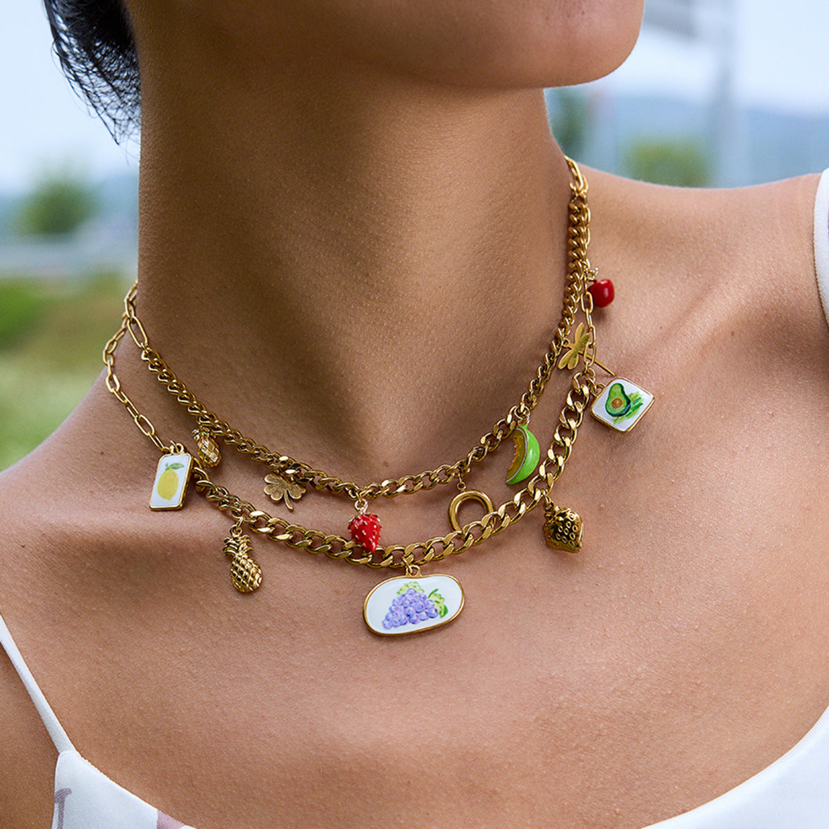 Wholesale 18K Gold Stainless Steel Oil Drop Printed Fruit Pendant Necklace