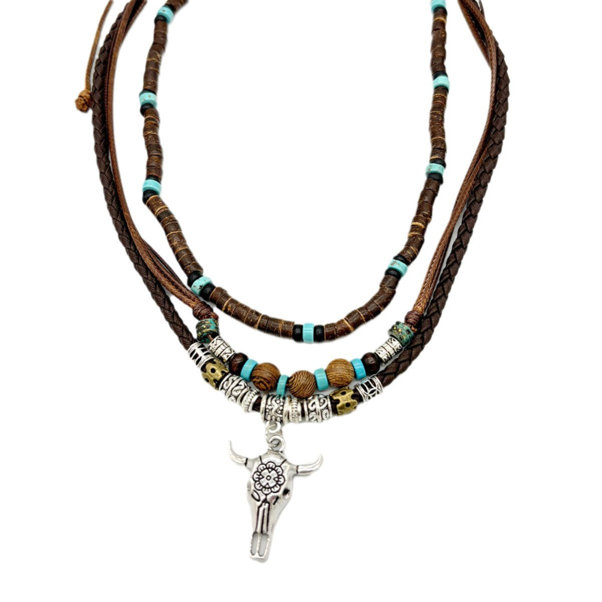 Wholesale layer western style bull head coconut shell turquoise necklace