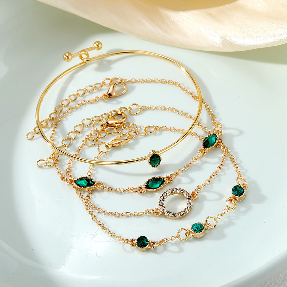 Wholesale Imitation Emerald Diamond Rhinestone Bracelet Set - 4 Piece Boutique Resale Fashion Accessory for Women