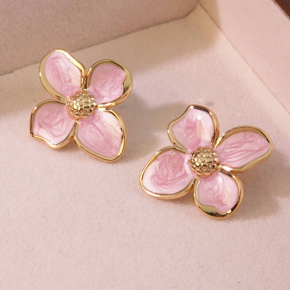 Wholesale  Retro Palace Flower Glaze Four-petal Flower Stainless Steel Earrings