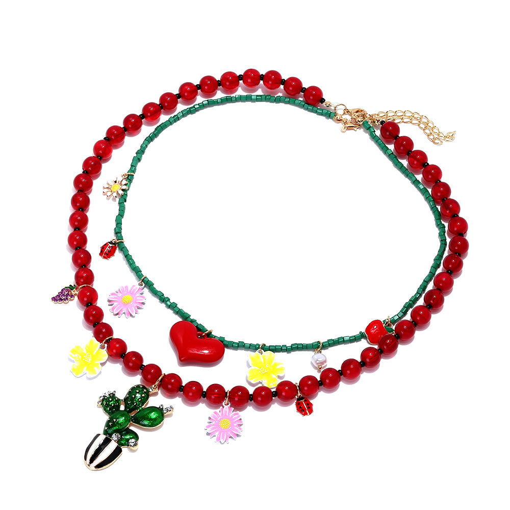 Wholesale  Creative Beaded Heart Cactus Pendant Necklace