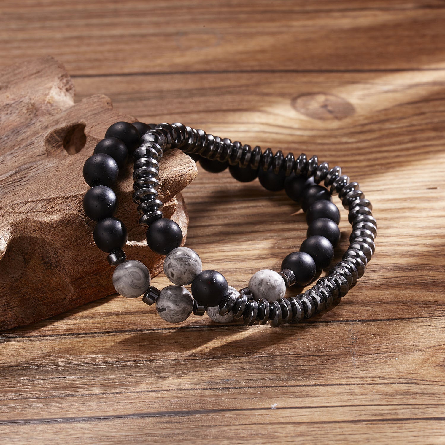 Wholesale black stone frosted stone combination beaded men's bracelet