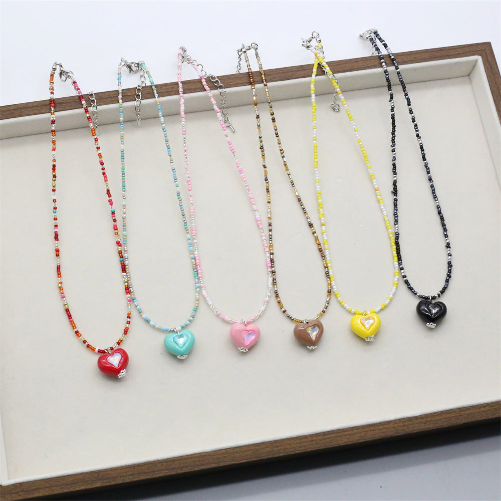 Wholesale Zircon Heart Pendant Rice Bead Necklace