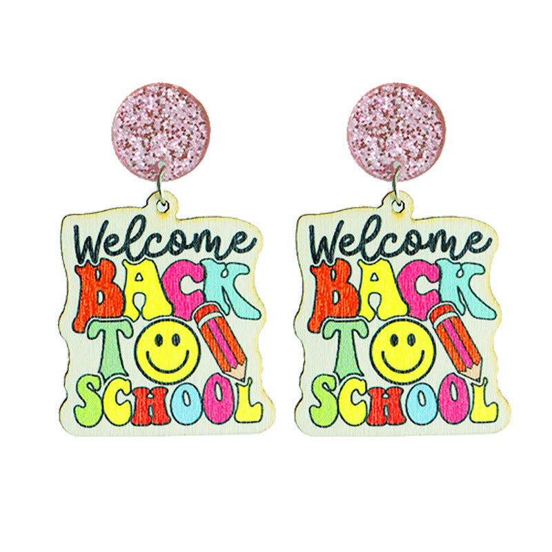 Wholesale 2 Pairs/Pack Back To School Season Shiny Pencil School Bus Tie-Dye Love Wood Earrings ACC-ES-HY097