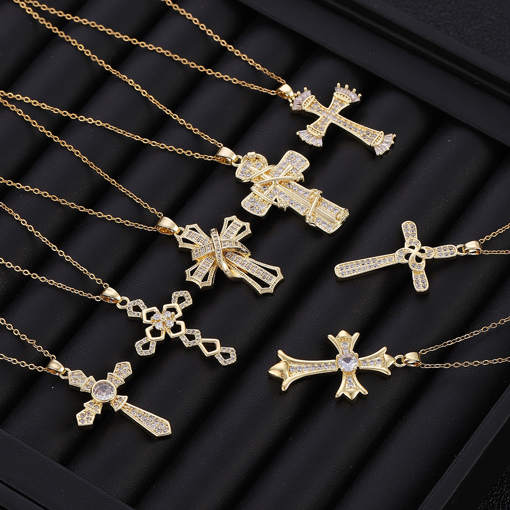 Wholesale Copper Electroplated Zircon Cross Pendant Necklace For Women Fashion Jewelry Accessory Gift