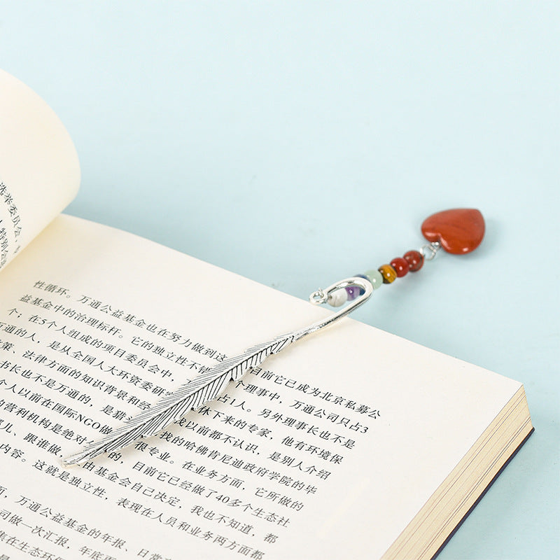 Wholesale Natural Stone Crystal Colorful Love Pendant Feather Metal Bookmark Pendant ACC-BM-ZhiSF001