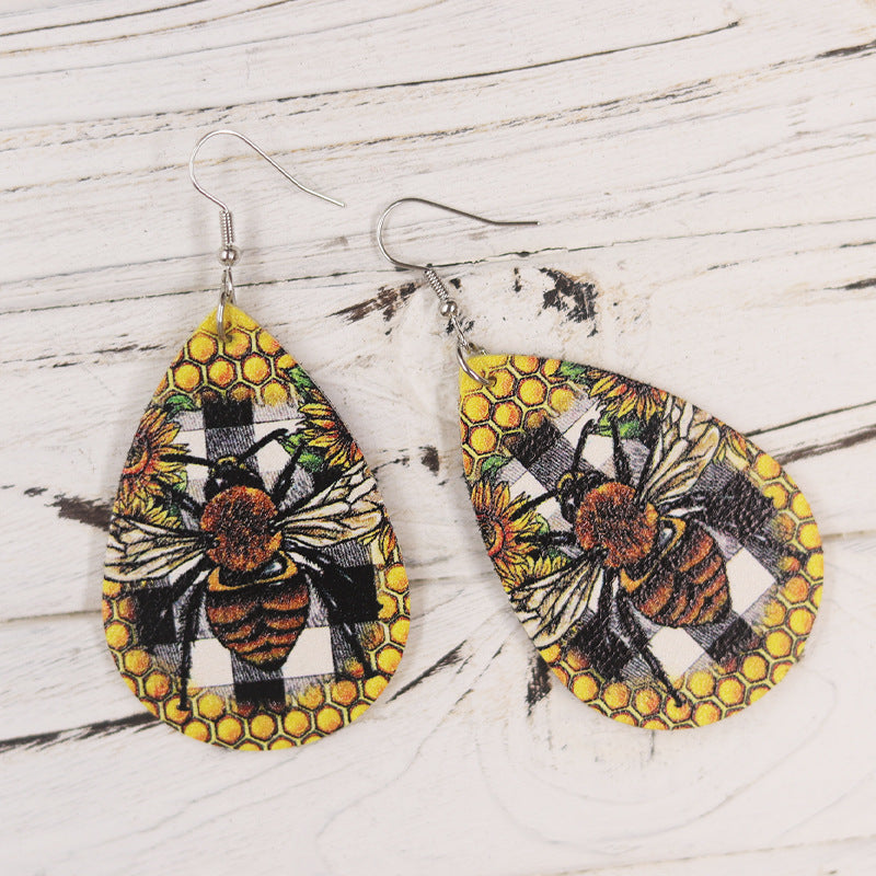 Wholesale Spring Little Bee Women Teardrop PU Leather Double-sided  Earrings