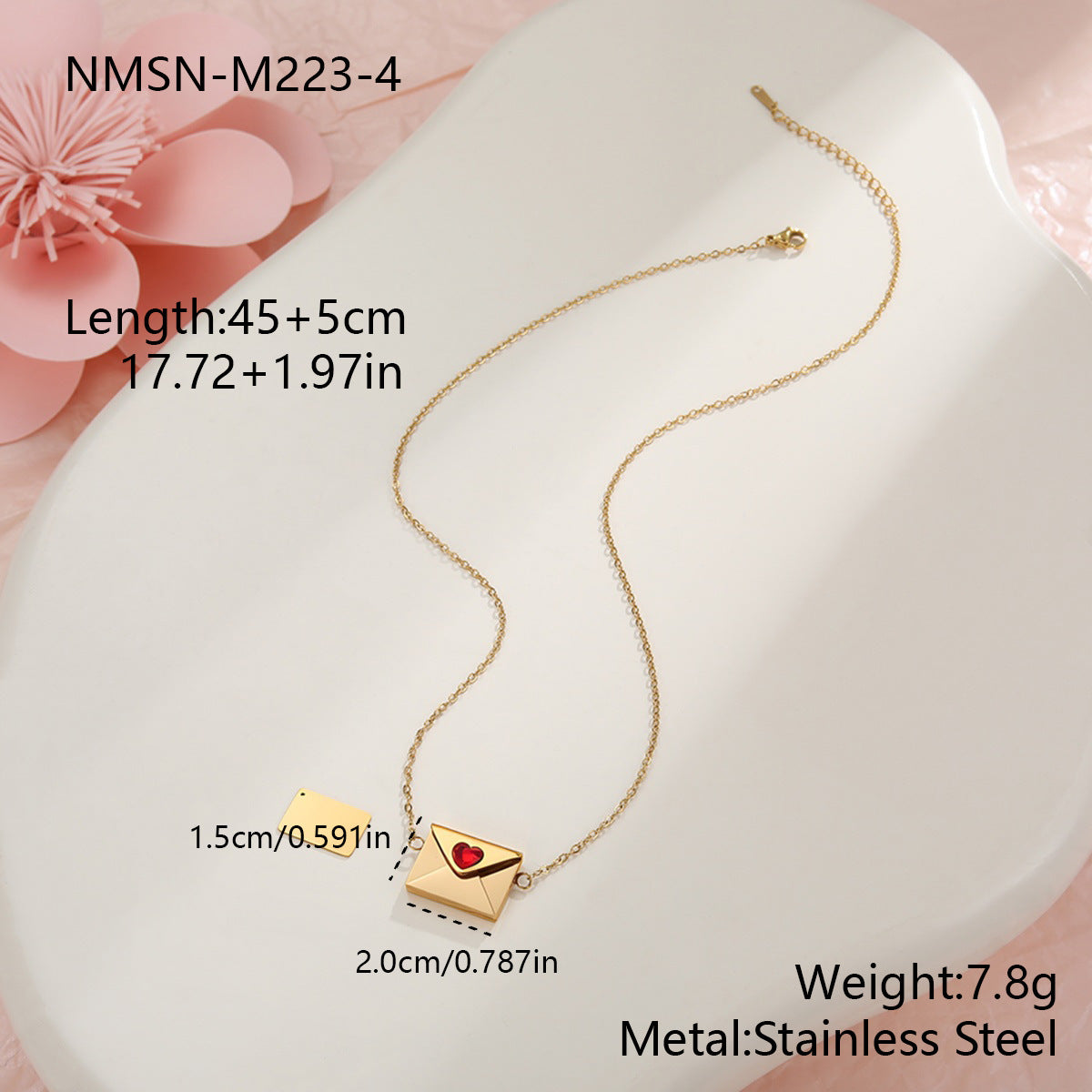 Wholesale Stainless steel 18K gold plated envelope heart-shaped diamond necklace