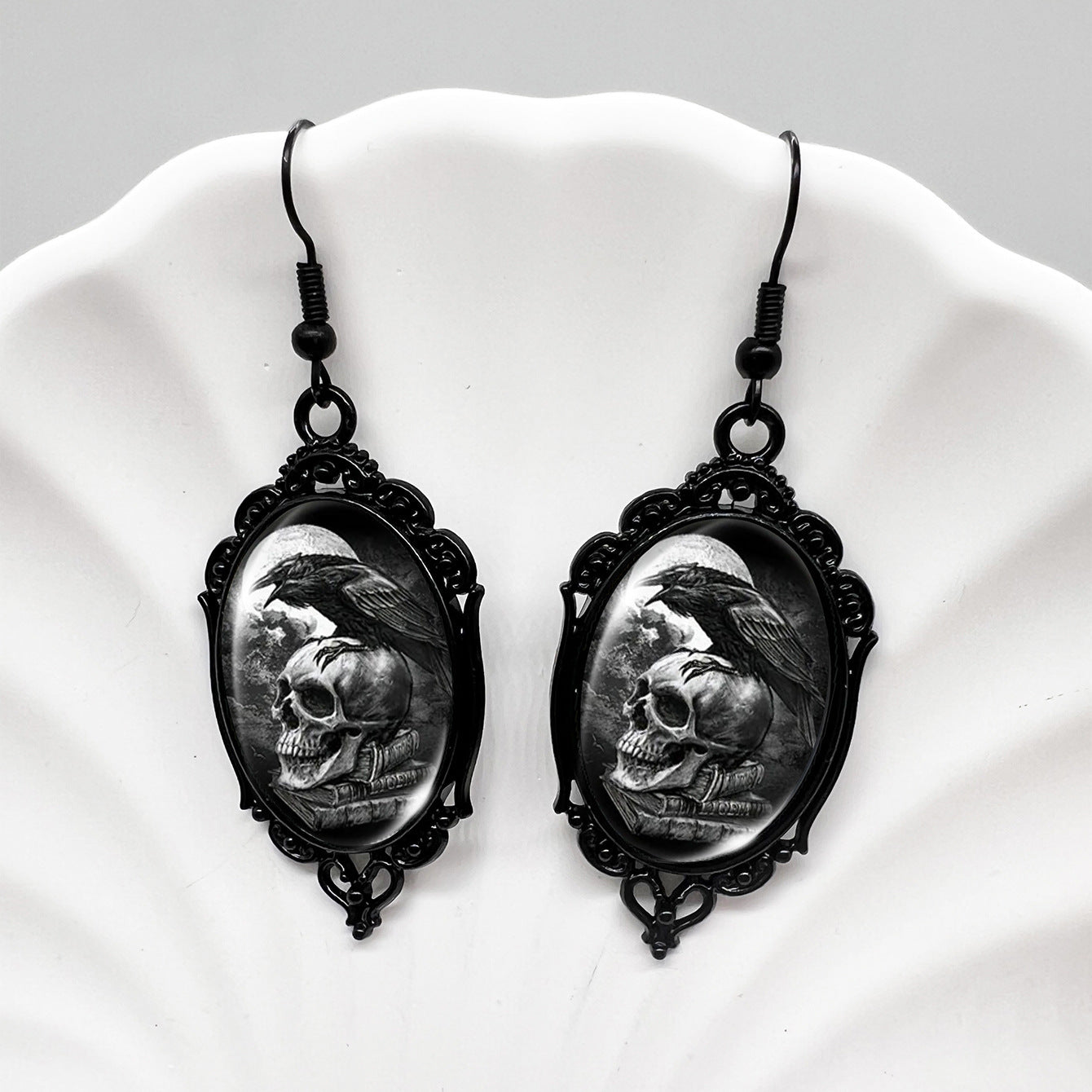 Wholesale Black Crow Skull Oval Lace Earrings