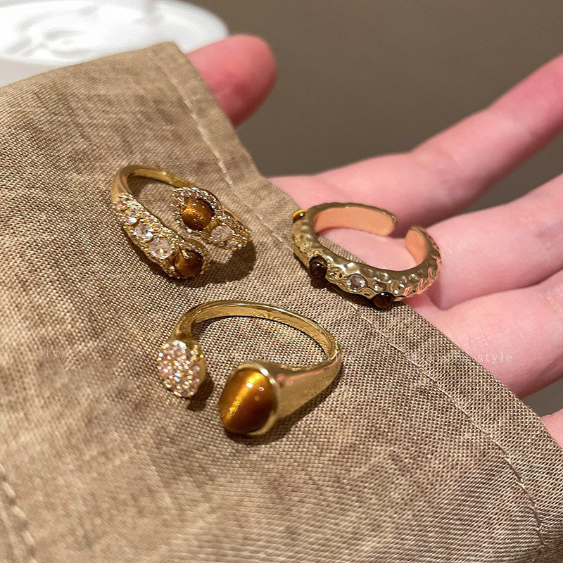 Wholesale Retro Chic Tiger Eye Open Ring Adjustable Copper Jewelry Accessory