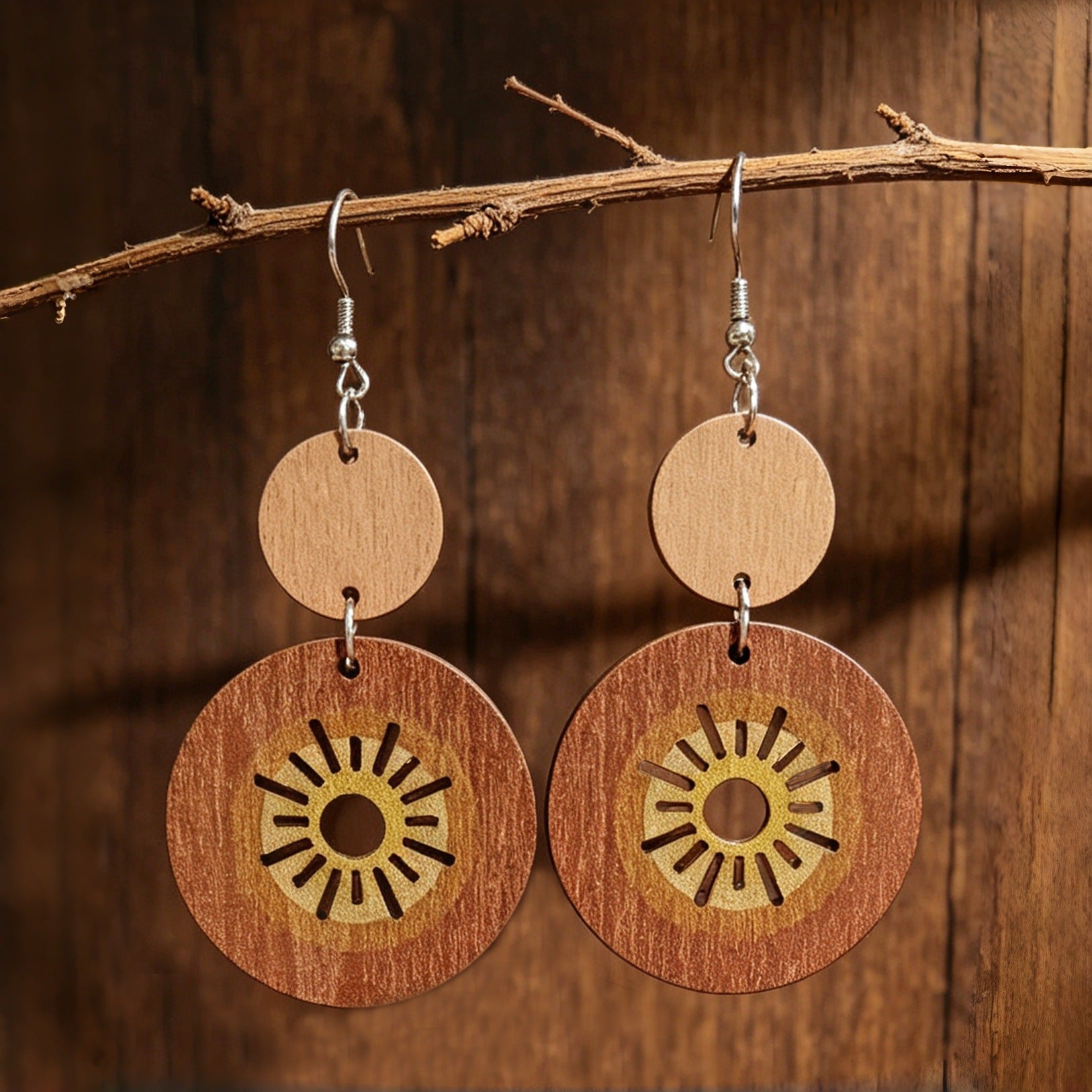 Wholesale Vintage Wooden Sun Earrings Bohemian Double Circle Design Fashion Accessory For Resale