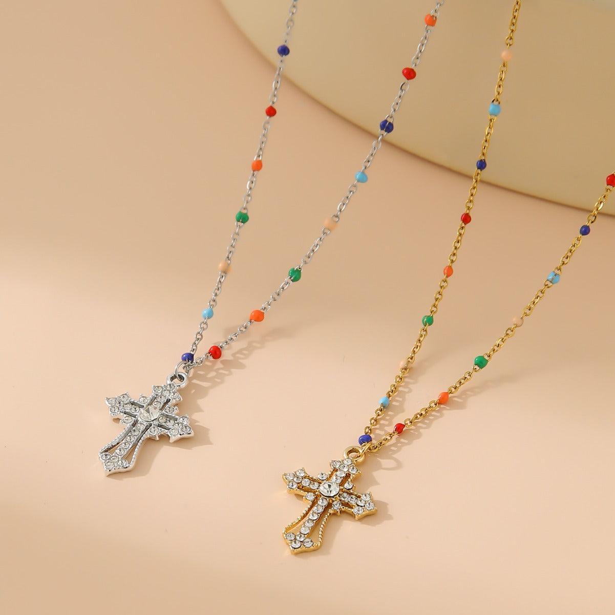 Wholesale  stainless steel mixed color bead chain diamond simple cross necklace