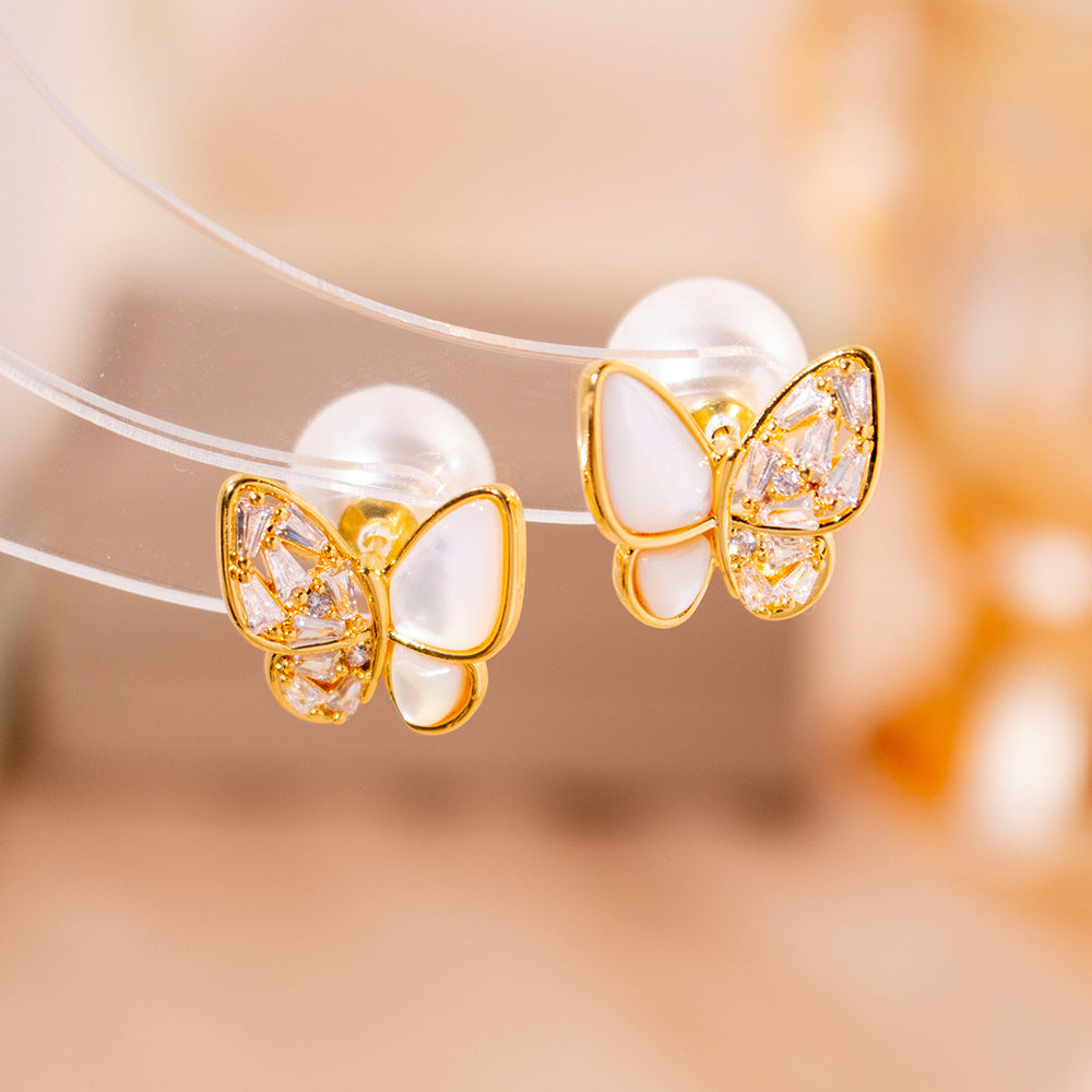 Wholesale Silver Needle High-grade Zircon Butterfly Pearl Earrings