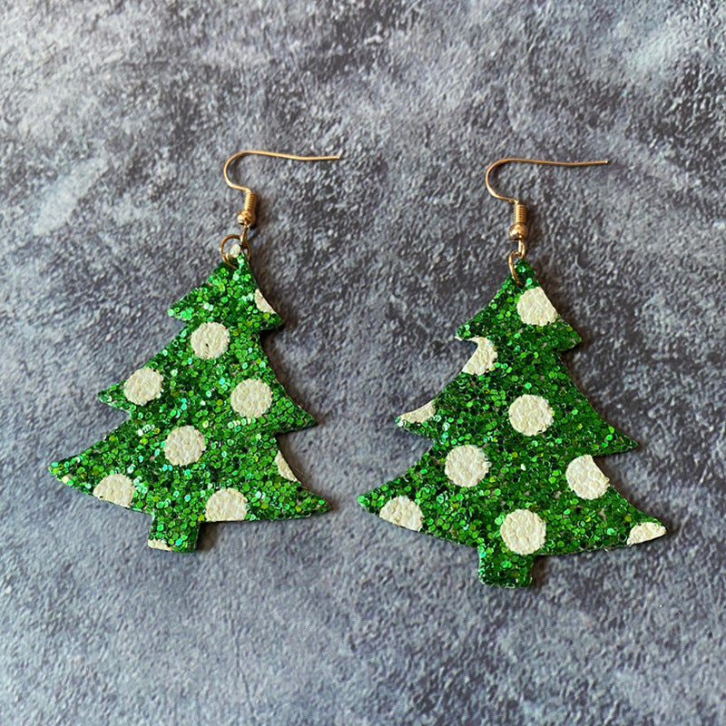 Wholesale Christmas leather  flash wave point double-sided Christmas tree shape earrings