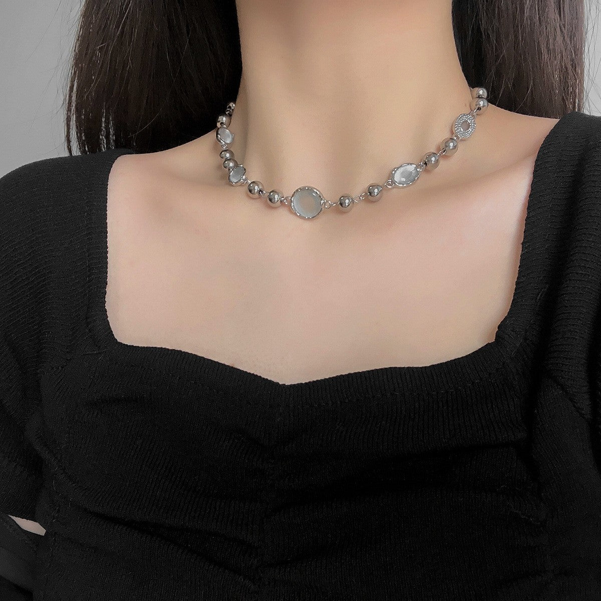 Wholesale Irregular Moonstone Patchwork Necklace Choker Necklace Titanium Steel ACC-NE-NS009