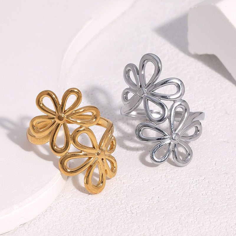 Wholesale Modern Flower Open Ring Adjustable Stainless Steel Gold Women Fashion Jewelry Accessory Gift