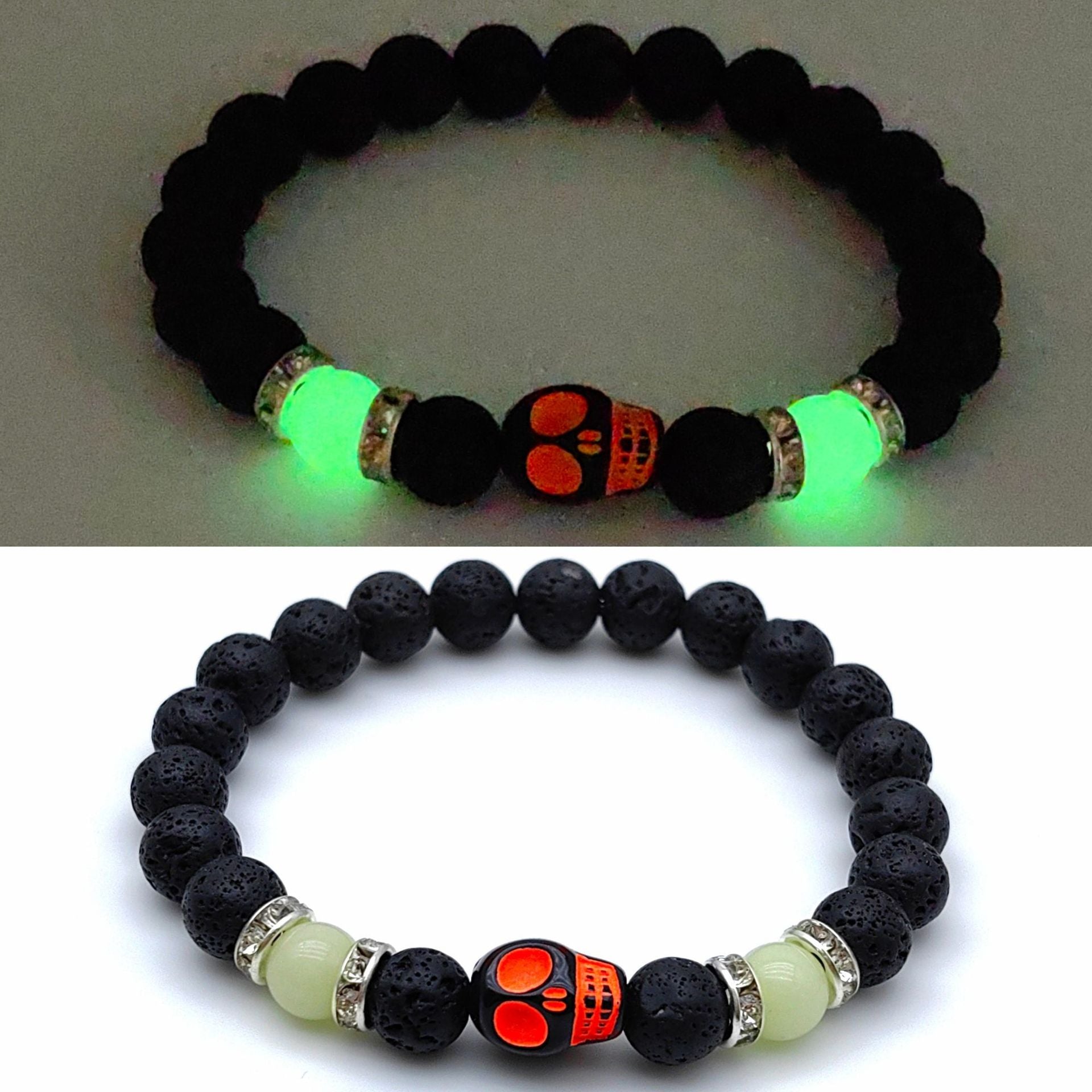 Wholesale 2pcs Halloween Skull Natural Volcanic Stone Beaded Elastic Bracelet ACC-BT-XiZhao002