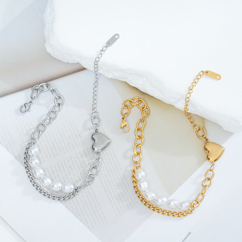 Wholesale Stylish Titanium Steel Pearl Heart Bracelet Electroplated Finish Boutique Resale Jewelry
