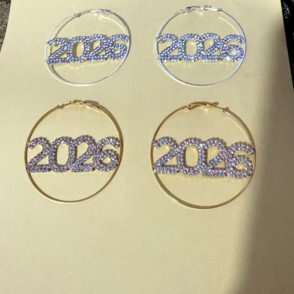 Wholesale Exaggerated Rhinestone 2026 Number Circle Earrings