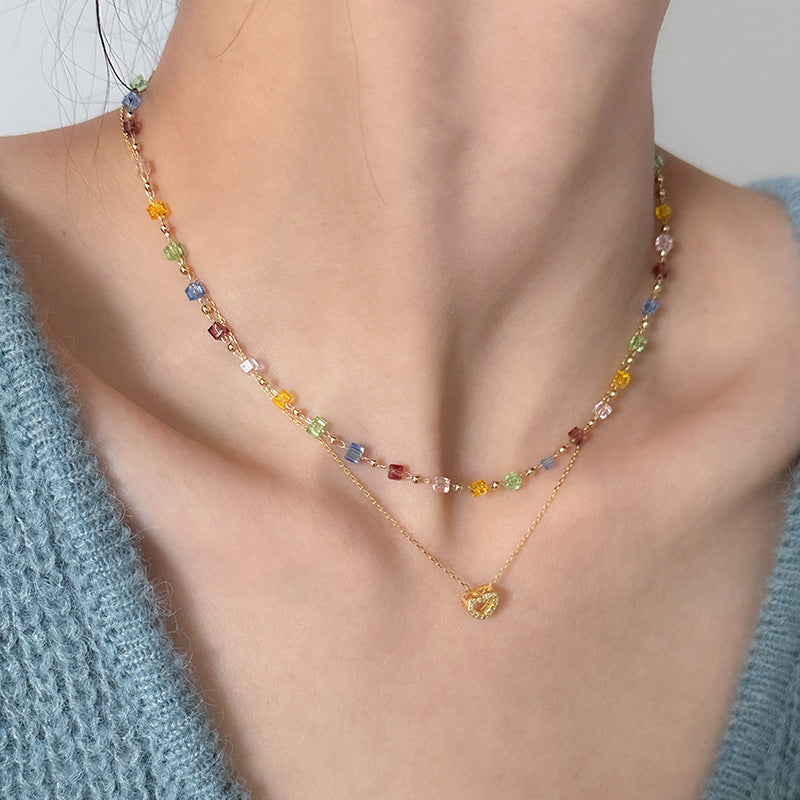 Wholesale Copper Zircon Heart Layered Beaded Choker Necklace Fairy Style Jewelry Accessory for Women