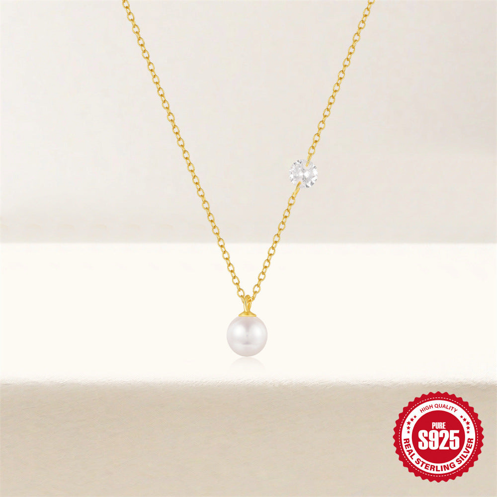 Wholesale S925 Sterling Silver Single Diamond Pearl  Clavicle Chain  Necklace