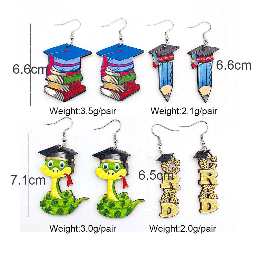 Wholesale Graduation Season Wooden Earrings Doctor Cap English Letter Pencil Book Printed Pendant Earrings