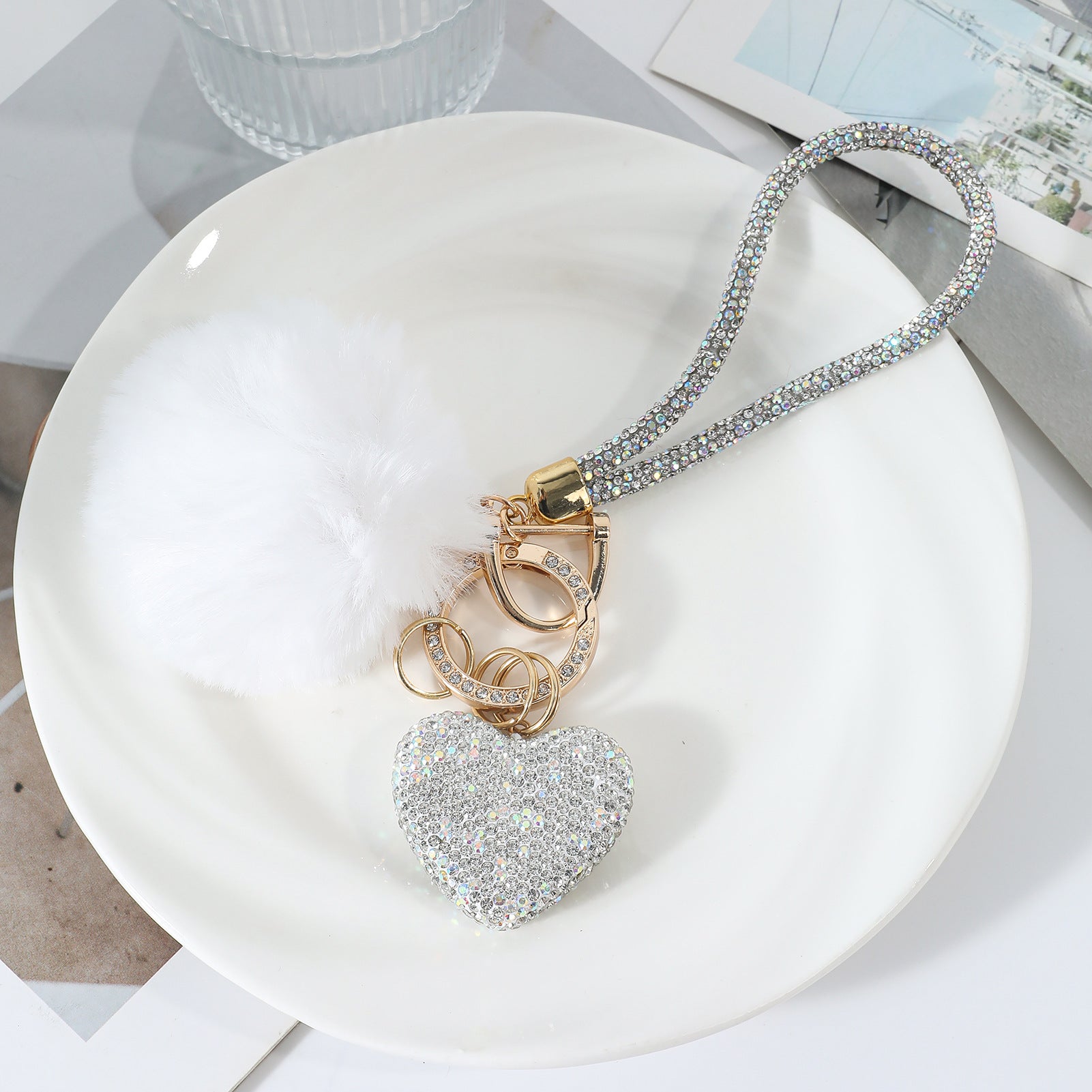 Wholesale Pom Pom Heart-shaped   rhinestone-encrusted keychain
