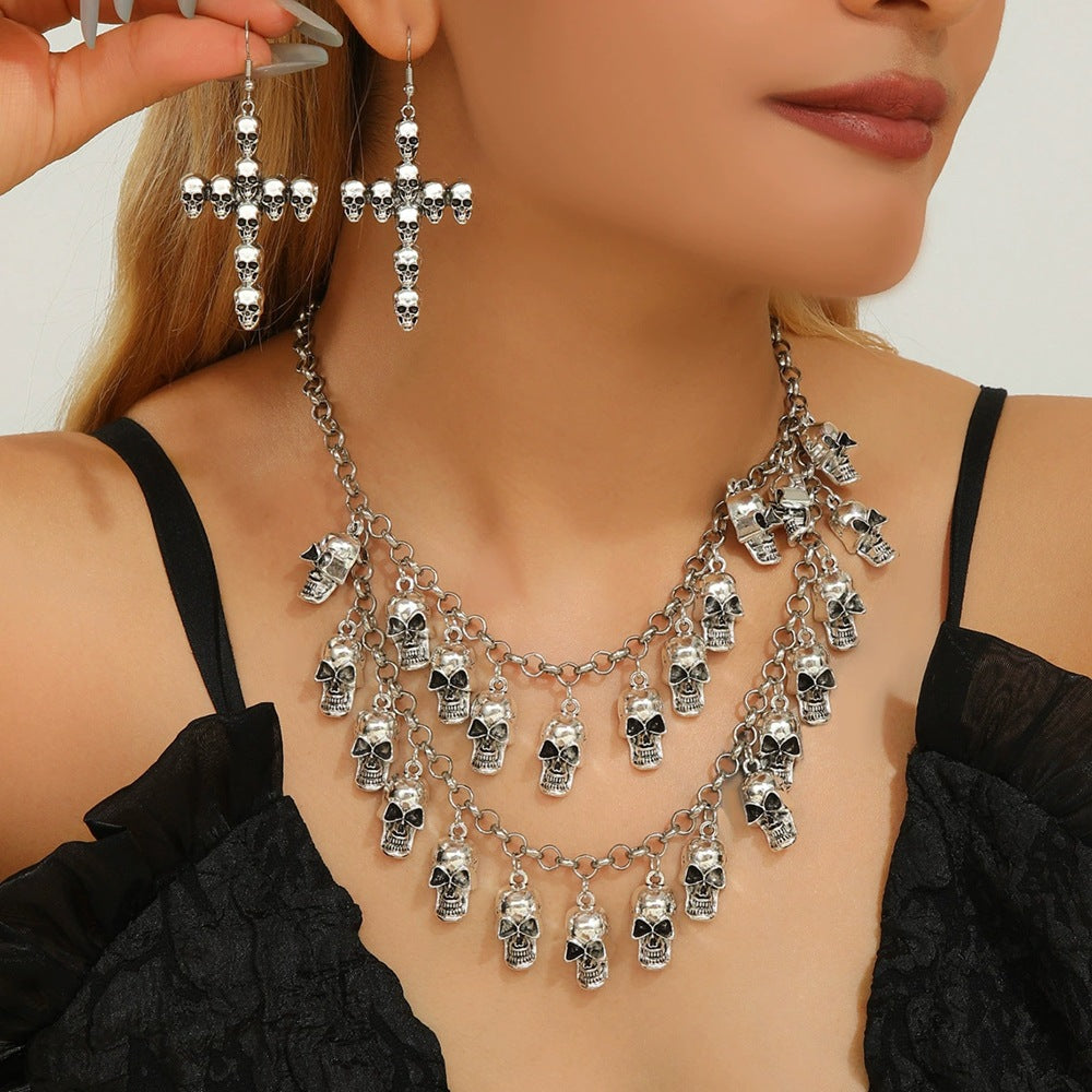 Wholesale Alloy Skull Fringe Necklace and Earrings Set  Gothic Jewelry for Party