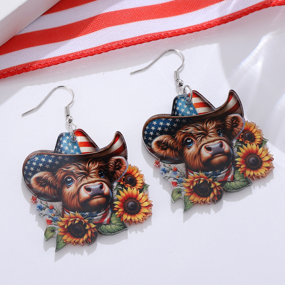 Wholesale Independence Day Western Style Red, White and Blue Star Sunflower Bull Head Earrings