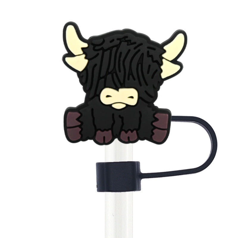 Wholesale  Random 100pcs Highland Cow Series 10mm PVC Soft Straw Tube Cap