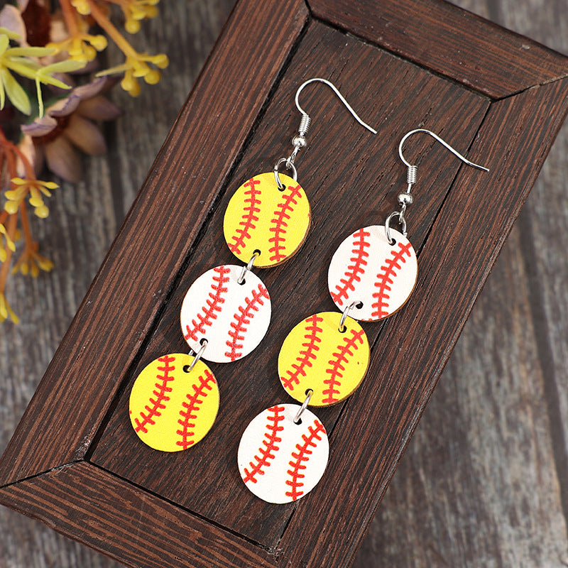 Wholesale Sports style yellow and white baseball stitching wooden earrings
