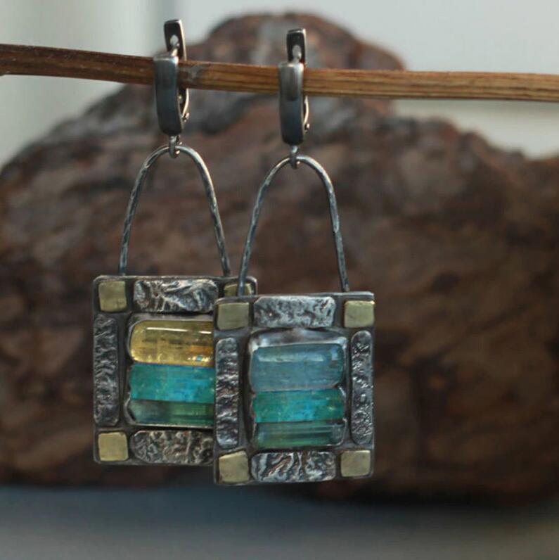 Wholesale Vintage Tribal Geometric Zircon Drop Earrings Green Blue Crystal Stone Jewelry Accessory