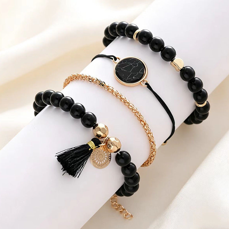 Wholesale Women' s Turquoise Beaded Bracelet Set 4 Pieces Creative Tassel Round Stone Bracelet Gift