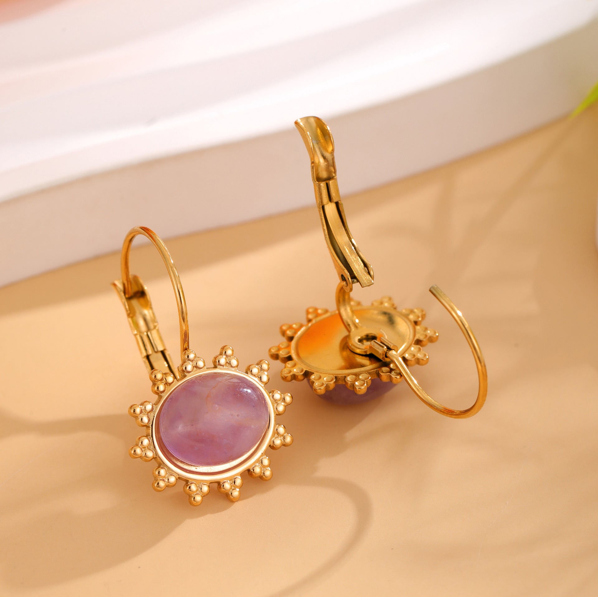 Wholesale Stainless Steel Golden Flower  Natural Stone Pendant Earrings