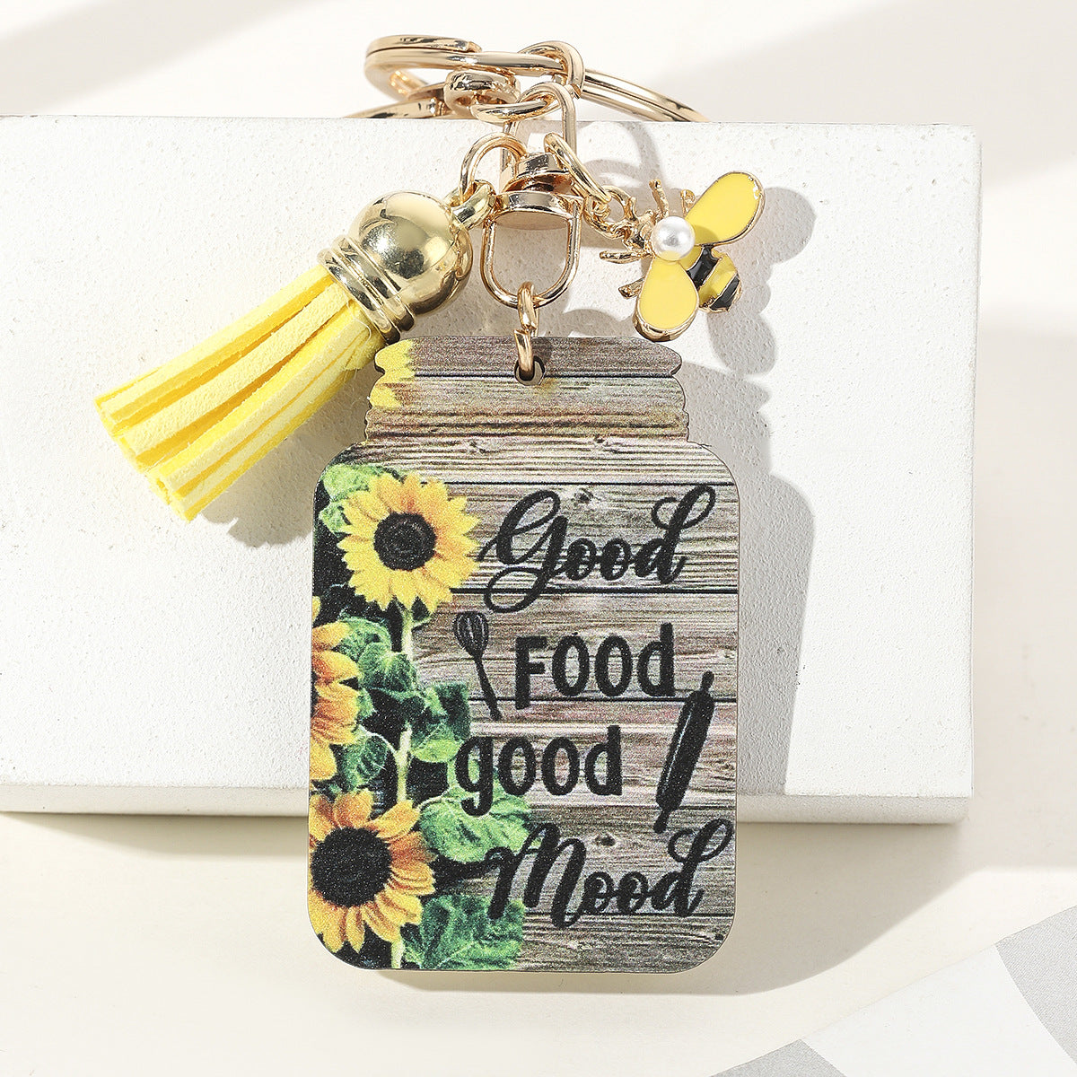 Wholesale New Wooden Sunflower Slogan Key Chain Bee Honey Pot Color Printed Pendant Key Chain Women's Men's Gift ACC-KC-HuiWen003