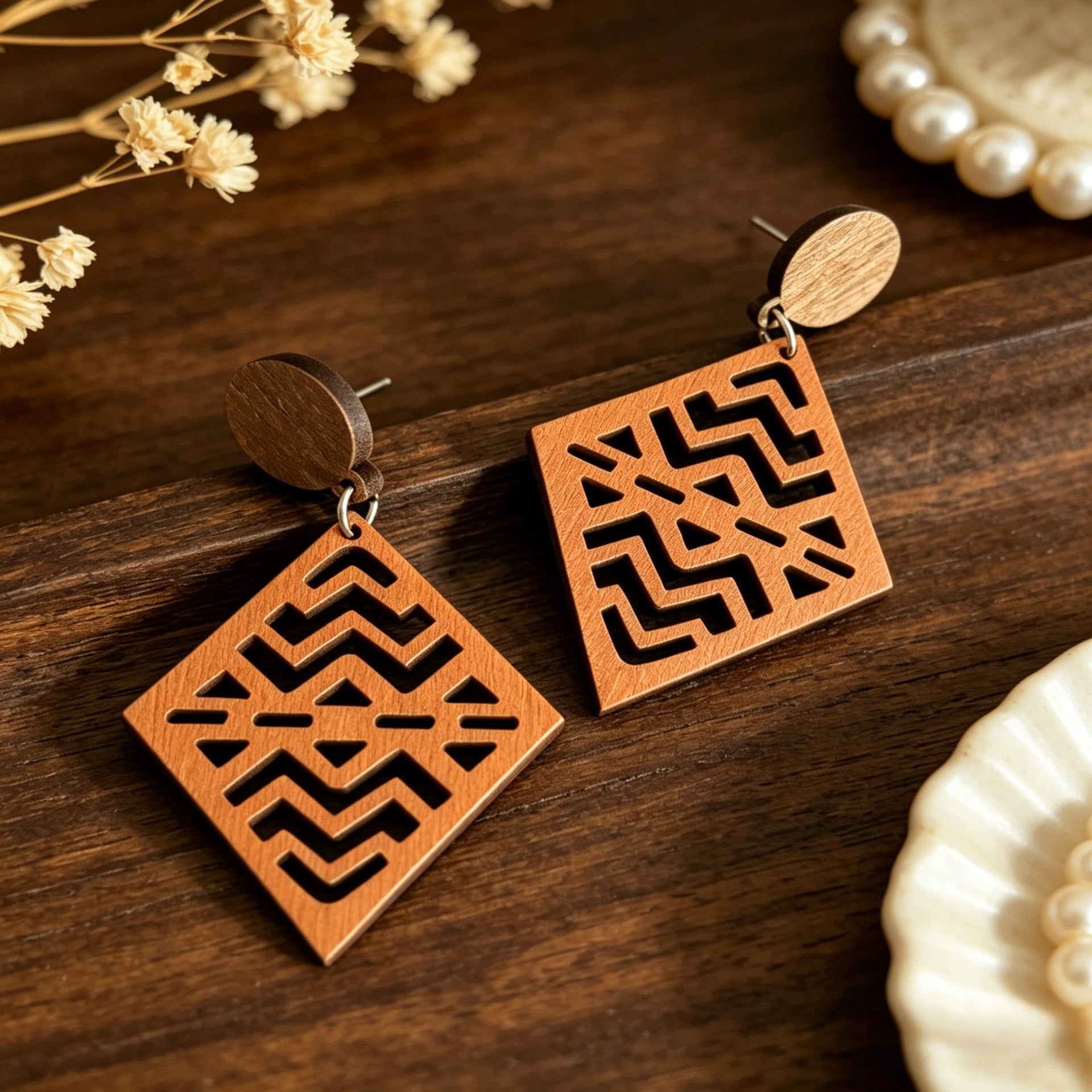 Wholesale Wood Earrings Bohemian Diamond Hollow Wave Pattern Retro Style Gift for Women
