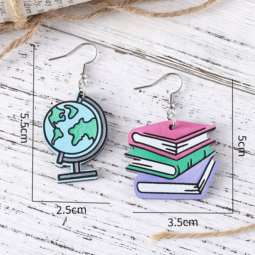 Wholesale globe books calculator scissors wooden double-sided earrings